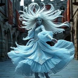 A spectacular female air genasi classical dancer in a medieval fantasy setting, captured in a dynamic pose as she twirls like a tornado