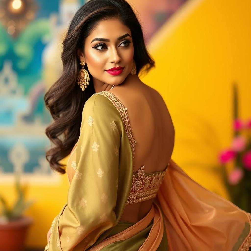 A stunning woman wearing a beautiful backless saree blouse, showcasing elegance and femininity