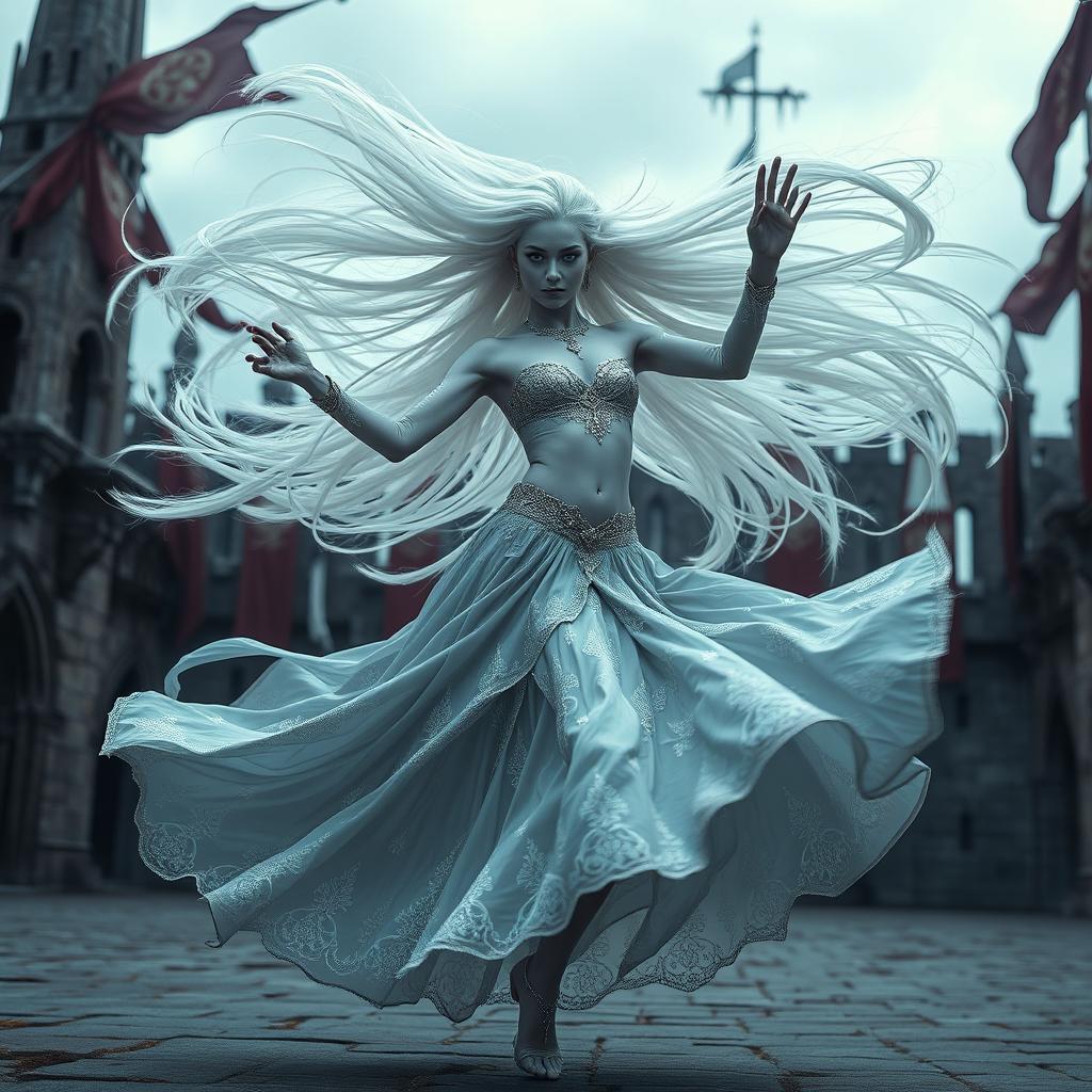 An enchanting female air genasi classical dancer in a medieval fantasy setting, captured in a dynamic pose as she twirls like a tornado