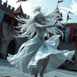 An enchanting female air genasi classical dancer in a medieval fantasy setting, captured in a dynamic pose as she twirls like a tornado