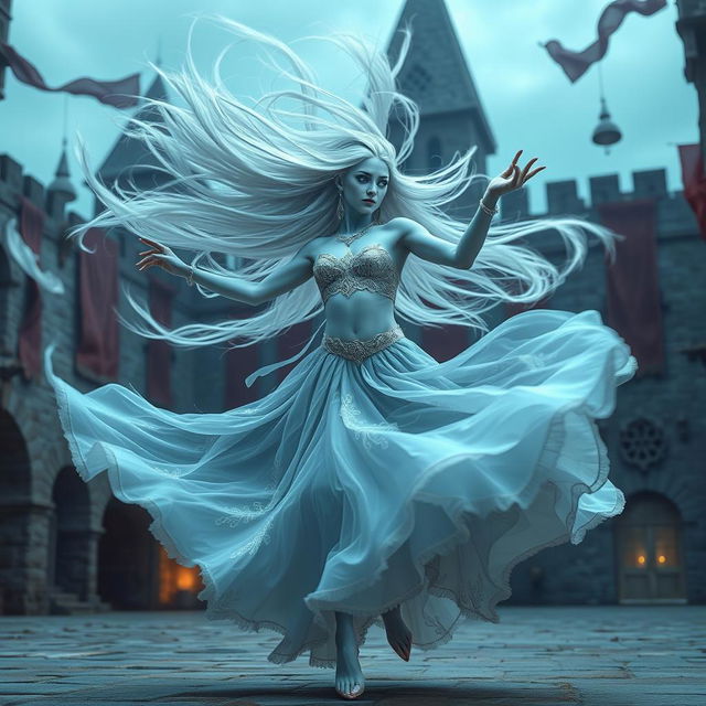 An enchanting female air genasi classical dancer in a medieval fantasy setting, captured in a dynamic pose as she twirls like a tornado