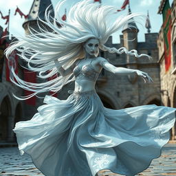 An enchanting female air genasi classical dancer in a medieval fantasy setting, captured in a dynamic pose as she twirls like a tornado