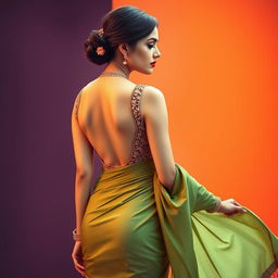 A stunning woman in a backless saree with a tight blouse, exuding elegance and allure