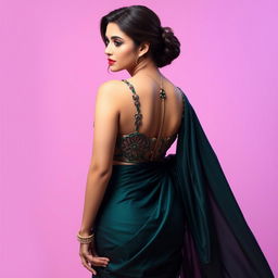 A stunning woman in a backless saree with a tight blouse, exuding elegance and allure