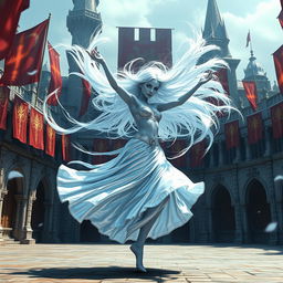 A digital art depiction of a breathtaking female air genasi classical dancer in a medieval fantasy world, captured in a dynamic pose as she twirls like a tornado