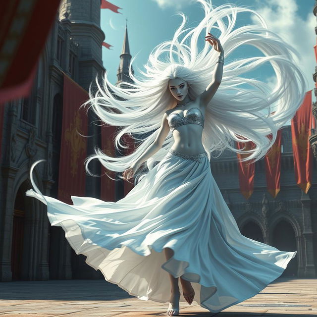 A digital art depiction of a breathtaking female air genasi classical dancer in a medieval fantasy world, captured in a dynamic pose as she twirls like a tornado