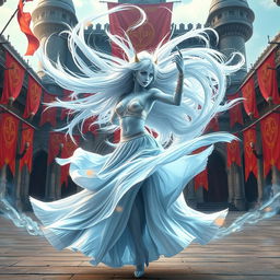 A digital art depiction of a breathtaking female air genasi classical dancer in a medieval fantasy world, captured in a dynamic pose as she twirls like a tornado