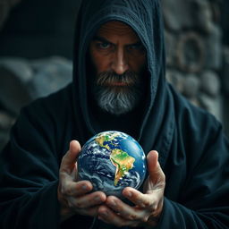 A man wearing a black robe carefully holding a miniature Earth in front of him