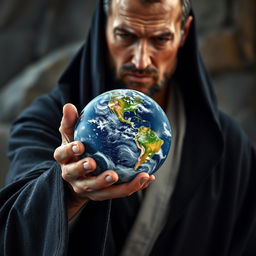 A man wearing a black robe carefully holding a miniature Earth in front of him