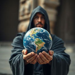 A man wearing a black robe carefully holding a miniature Earth in front of him