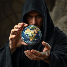 A man wearing a black robe carefully holding a miniature Earth in front of him