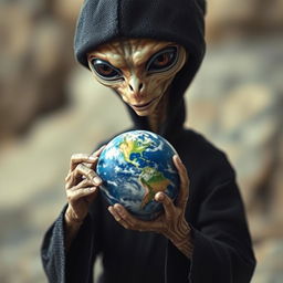 An extraterrestrial being wearing a black robe delicately holding a miniature Earth in front of it