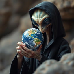 An extraterrestrial being wearing a black robe delicately holding a miniature Earth in front of it