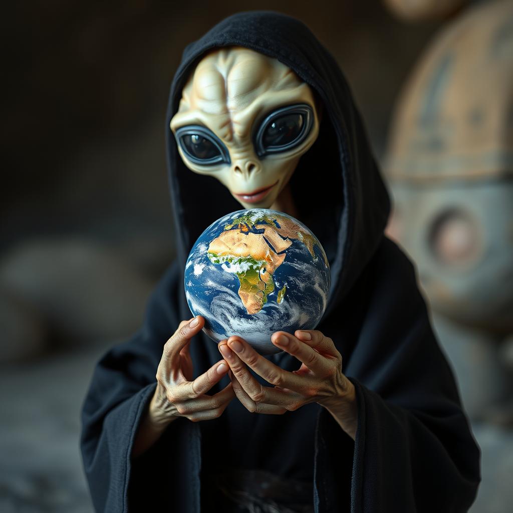 An extraterrestrial being wearing a black robe delicately holding a miniature Earth in front of it