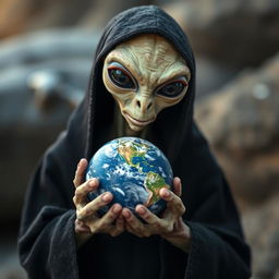 An extraterrestrial being wearing a black robe delicately holding a miniature Earth in front of it