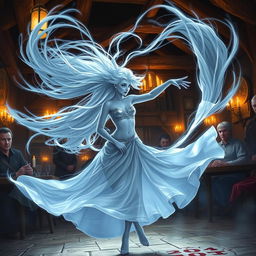 A digital art piece showcasing an enchanting female air genasi classical dancer in a dynamic pose, twirling like a tornado in a tavern setting