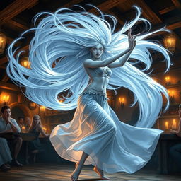 A digital art piece showcasing an enchanting female air genasi classical dancer in a dynamic pose, twirling like a tornado in a tavern setting