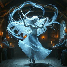 A digital art piece showcasing an enchanting female air genasi classical dancer in a dynamic pose, twirling like a tornado in a tavern setting