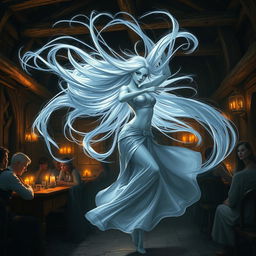 A digital art piece showcasing an enchanting female air genasi classical dancer in a dynamic pose, twirling like a tornado in a tavern setting