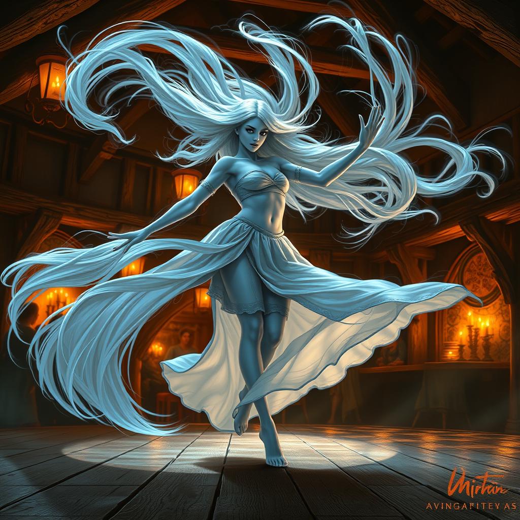 A captivating digital art piece depicting a female air genasi classical dancer in a medieval fantasy setting