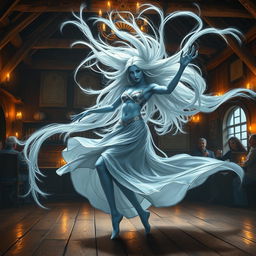 A captivating digital art piece depicting a female air genasi classical dancer in a medieval fantasy setting