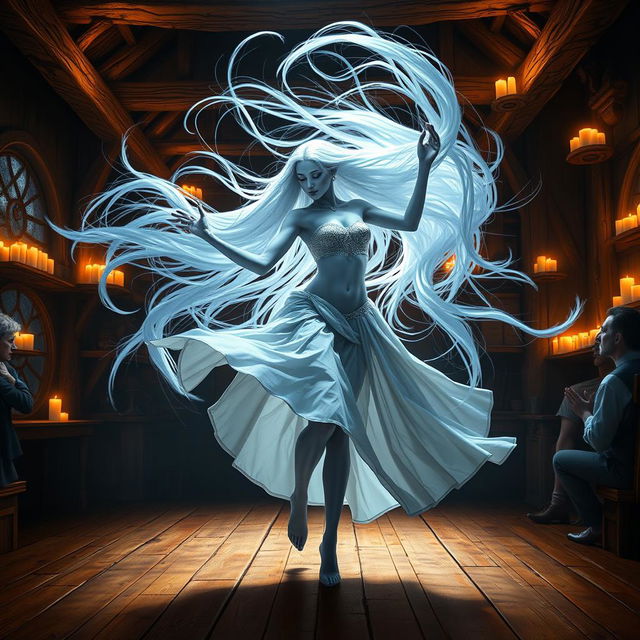 A captivating digital art piece depicting a female air genasi classical dancer in a medieval fantasy setting