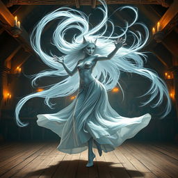 A captivating digital art piece depicting a female air genasi classical dancer in a medieval fantasy setting