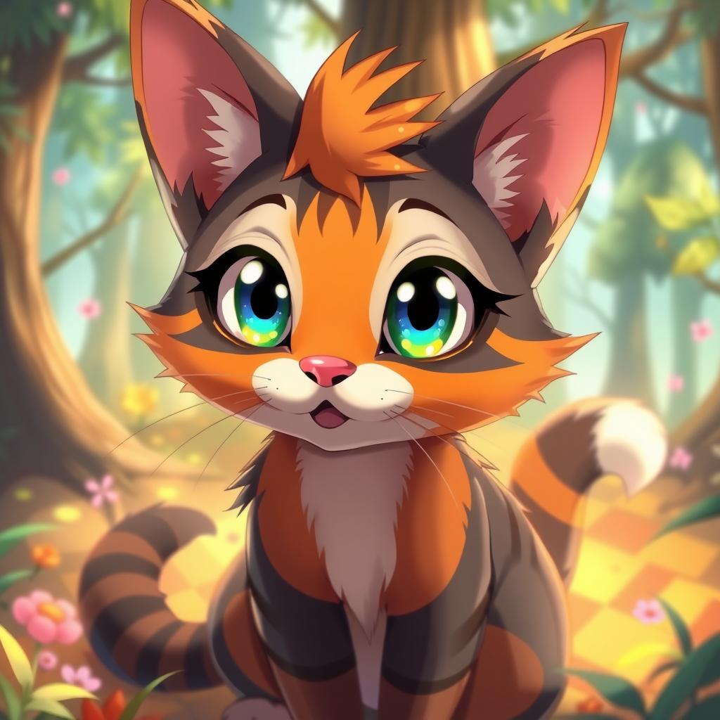 an anime-inspired image of a feline with vibrant and vivid colors, large expressive eyes, and a cute playful demeanor