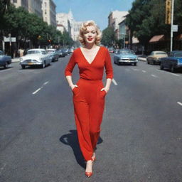 Marilyn Monroe dressed in a bright red jumpsuit, striking a pose on a bustling California boulevard