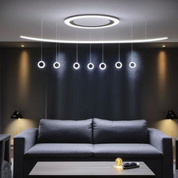 Modern living room with spotlights hanging from the ceiling, dark grey couches adorned with circular LED lights, evoking a cozy yet contemporary feel.