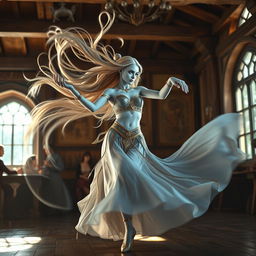 A digital artwork featuring a mesmerizing female air genasi classical dancer in a medieval fantasy setting