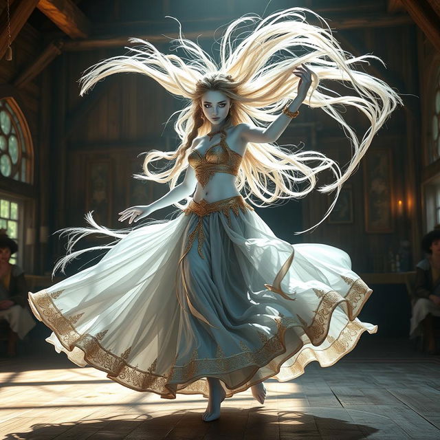 A digital artwork featuring a mesmerizing female air genasi classical dancer in a medieval fantasy setting