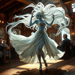 A digital artwork featuring a mesmerizing female air genasi classical dancer in a medieval fantasy setting