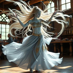 A digital artwork featuring a mesmerizing female air genasi classical dancer in a medieval fantasy setting