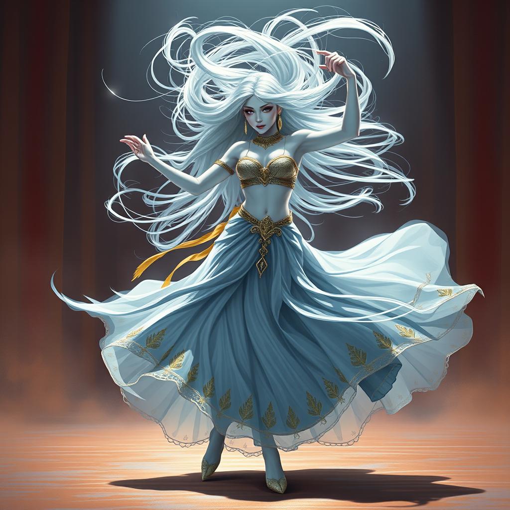 A digital drawing featuring a stunning female air genasi classical dancer in a medieval fantasy setting