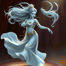 A digital drawing featuring a stunning female air genasi classical dancer in a medieval fantasy setting