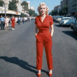 Marilyn Monroe dressed in a bright red jumpsuit, striking a pose on a bustling California boulevard