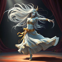 A digital drawing featuring a stunning female air genasi classical dancer in a medieval fantasy setting