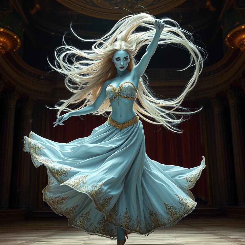 A digital art portrayal of a striking female air genasi classical dancer in a medieval fantasy world