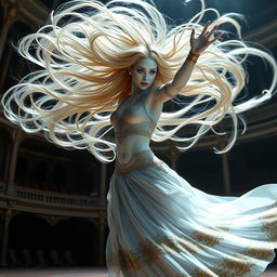 A digital art portrayal of a striking female air genasi classical dancer in a medieval fantasy world