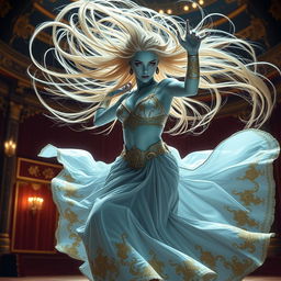 A digital art portrayal of a striking female air genasi classical dancer in a medieval fantasy world