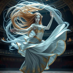 A digital art portrayal of a striking female air genasi classical dancer in a medieval fantasy world