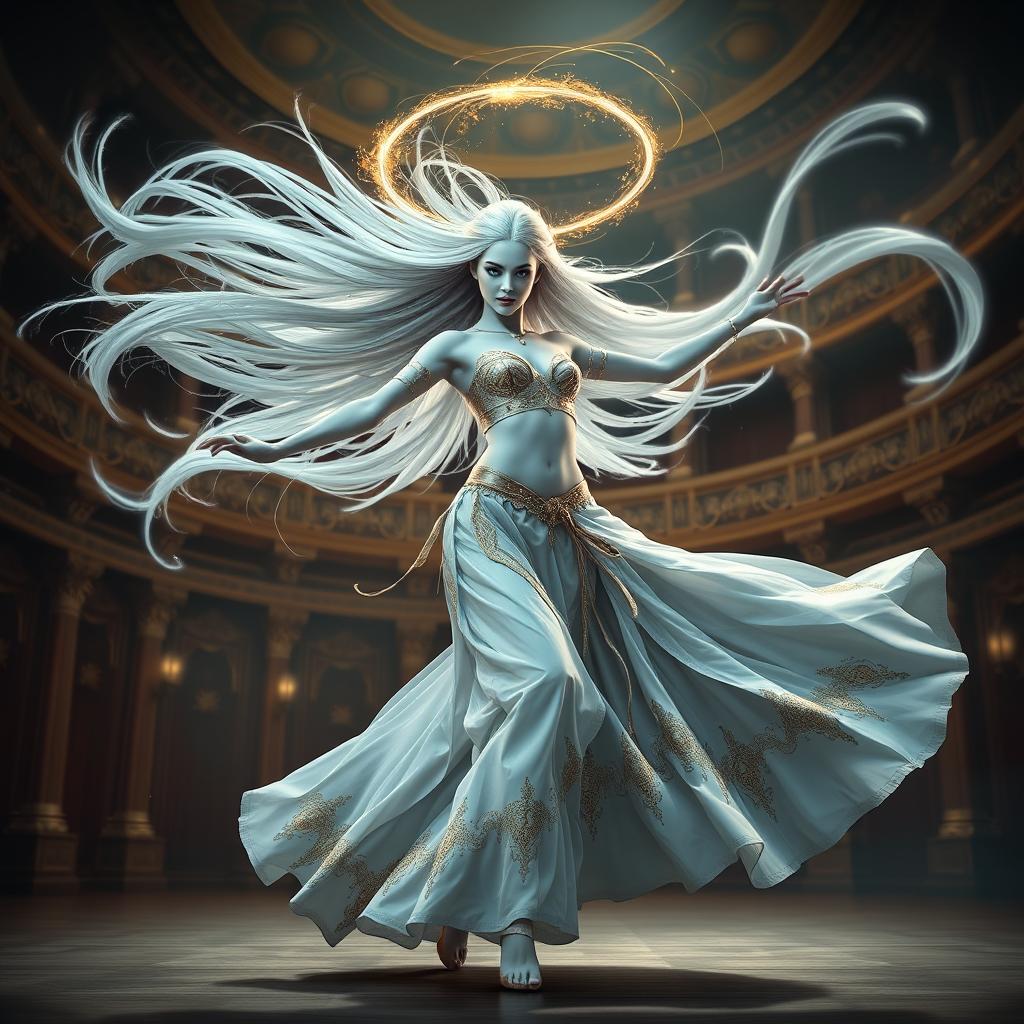 A digital art depiction of an enchanting female air genasi classical dancer in a medieval fantasy setting, captured in a dynamic pose as she twirls like a tornado on an elaborate theater stage