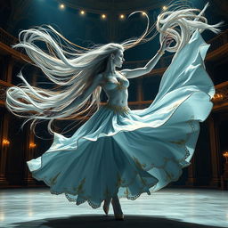 A digital art depiction of an enchanting female air genasi classical dancer in a medieval fantasy setting, captured in a dynamic pose as she twirls like a tornado on an elaborate theater stage