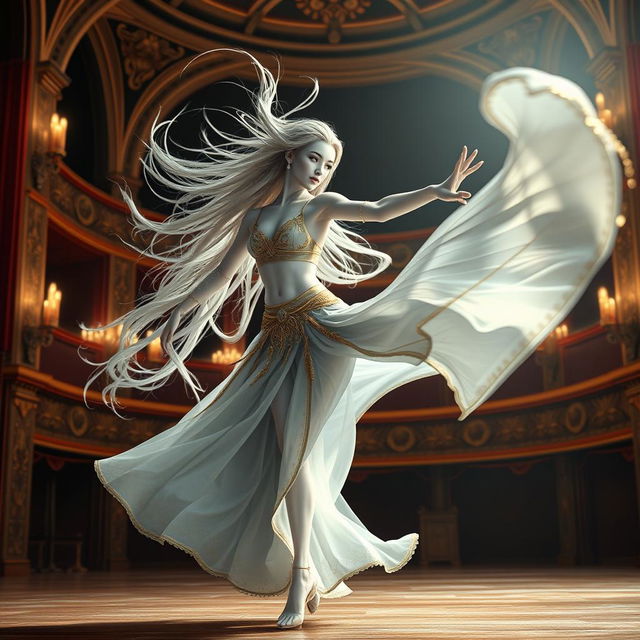 A digital art depiction of an enchanting female air genasi classical dancer in a medieval fantasy setting, captured in a dynamic pose as she twirls like a tornado on an elaborate theater stage