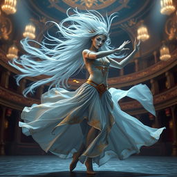 A digital art depiction of an enchanting female air genasi classical dancer in a medieval fantasy setting, captured in a dynamic pose as she twirls like a tornado on an elaborate theater stage