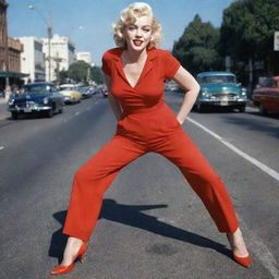 Marilyn Monroe dressed in a bright red jumpsuit, striking a pose on a bustling California boulevard