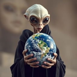 An alien wearing a black robe holding a miniature Earth in front of him