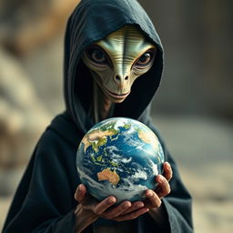 An alien wearing a black robe holding a miniature Earth in front of him