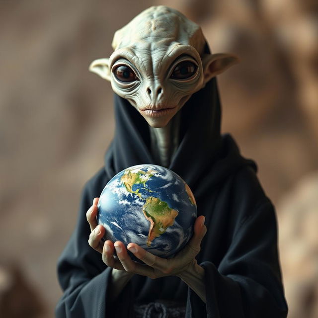 An alien wearing a black robe holding a miniature Earth in front of him